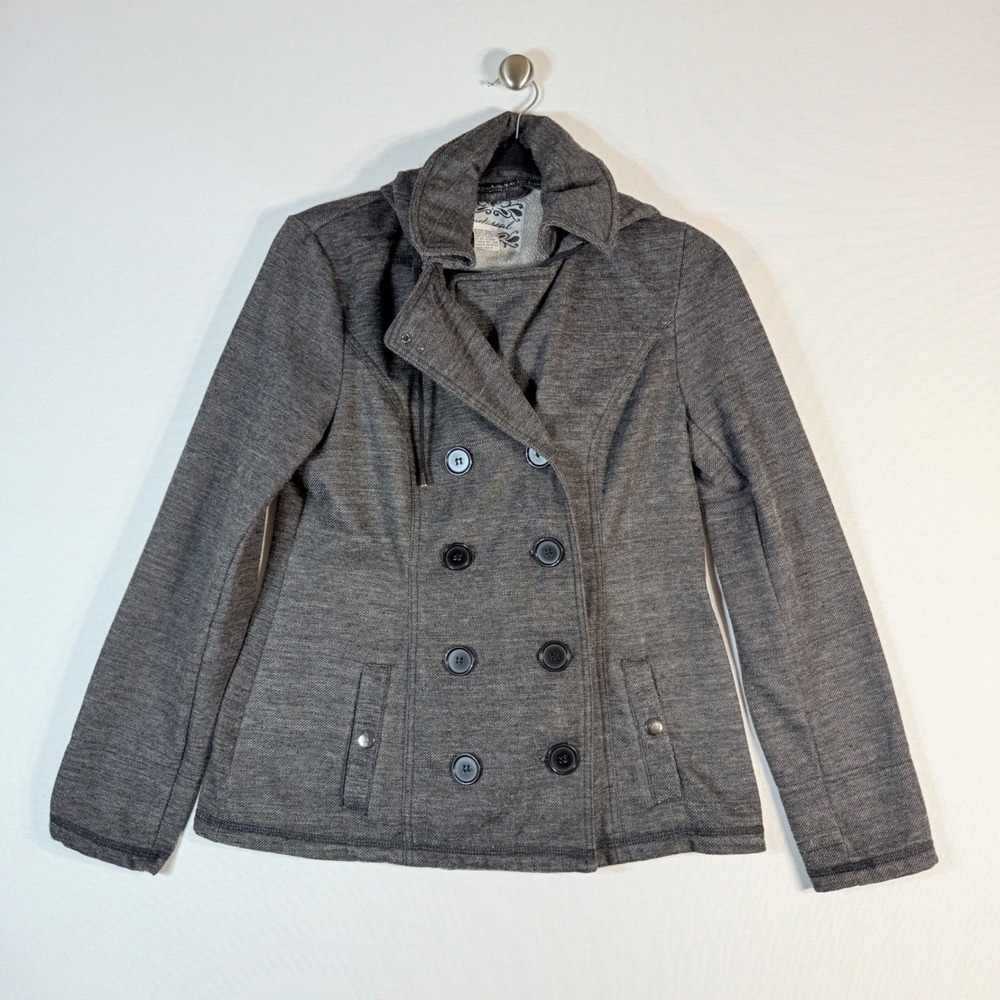Vintage Y2K Wet Seal Large Gray Hooded‎ Pea Coat Jacket Surfer Skater Urban